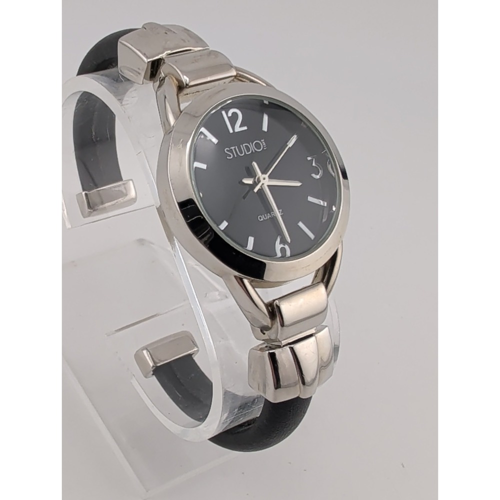 Studio Time Watch Women 31mm Silver Case Black Bangle Band- New Battery
